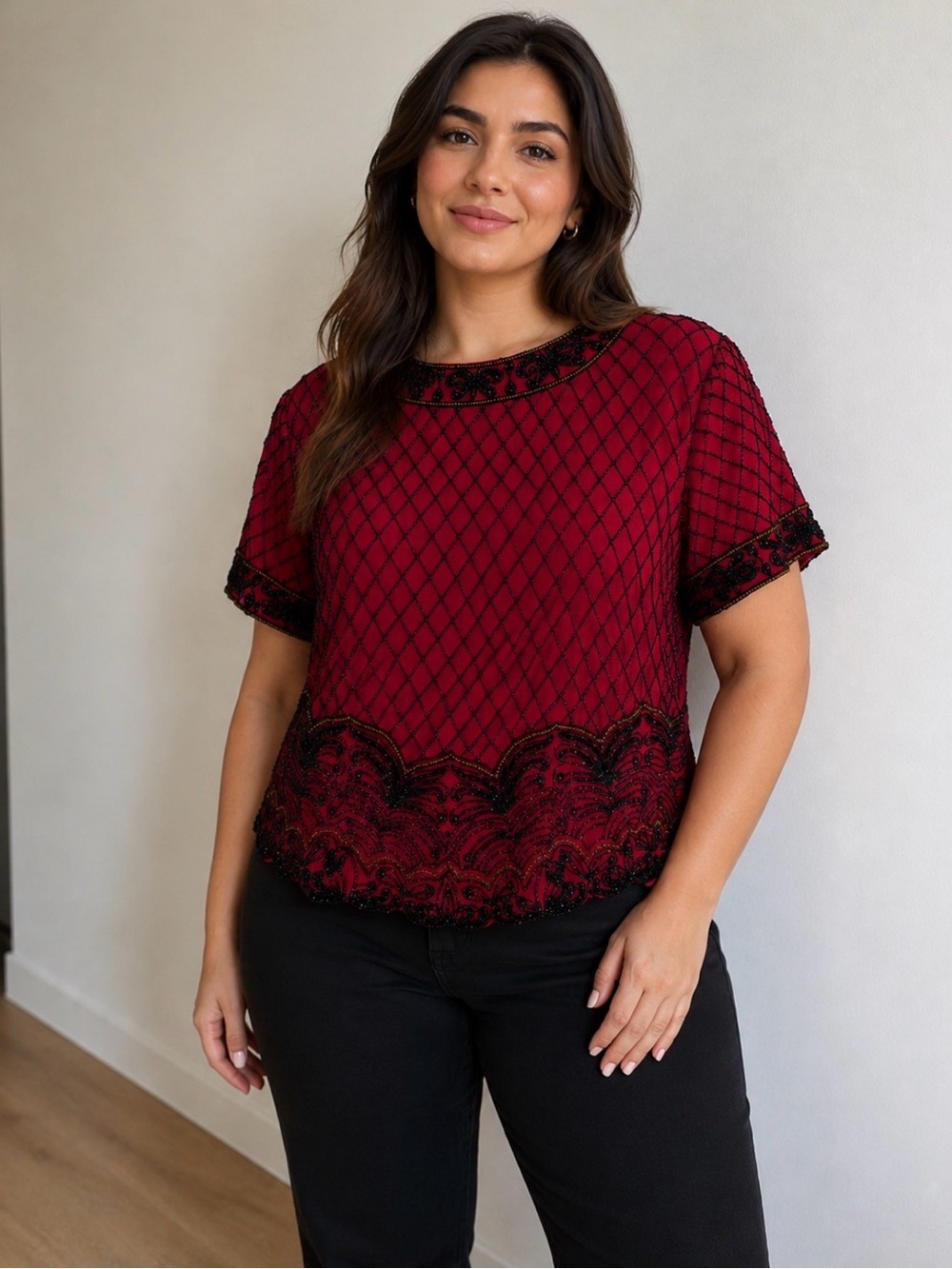 Papell Boutique Vintage Beaded Short Sleeve Top 100% Silk Party Size Large